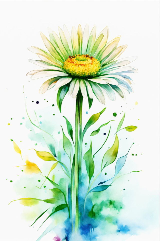 A beautiful watercolor painting of a daisy in full bloom with classic white petals and a bright yellow center, set against a soft, blurred green and light blue background, with realistic green leaves and an uplifting, serene mood