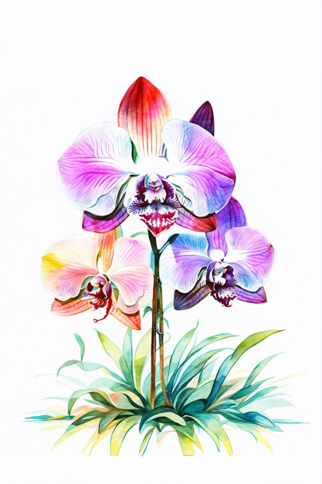 A beautiful watercolor painting of an orchid in full bloom with elegant petals in shades of purple, pink, and white, set against a soft, blurred green and pastel background