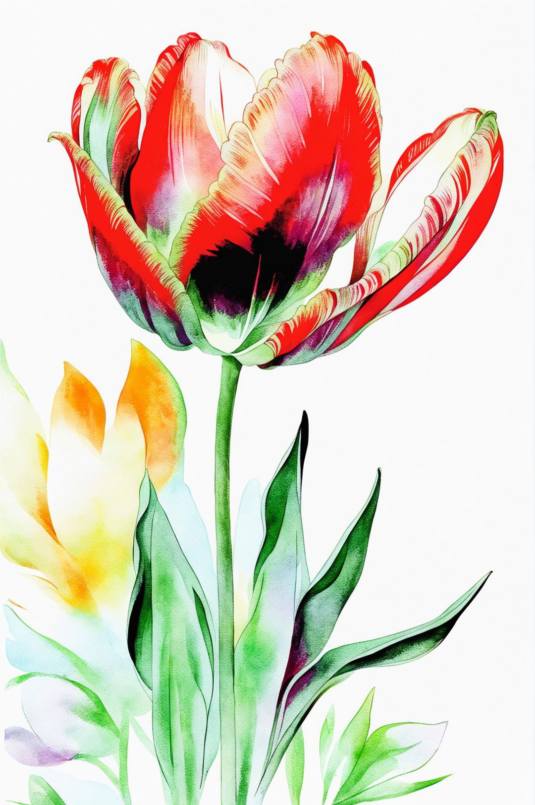 A beautiful watercolor painting of a tulip in full bloom with elegant petals in shades of red, purple, pink, and yellow, set against a soft, blurred green and pastel background