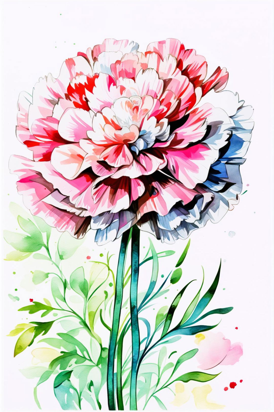 A beautiful watercolor painting of a carnation in full bloom with ruffled petals in shades of pink, red, and white, set against a soft, blurred green and pastel background