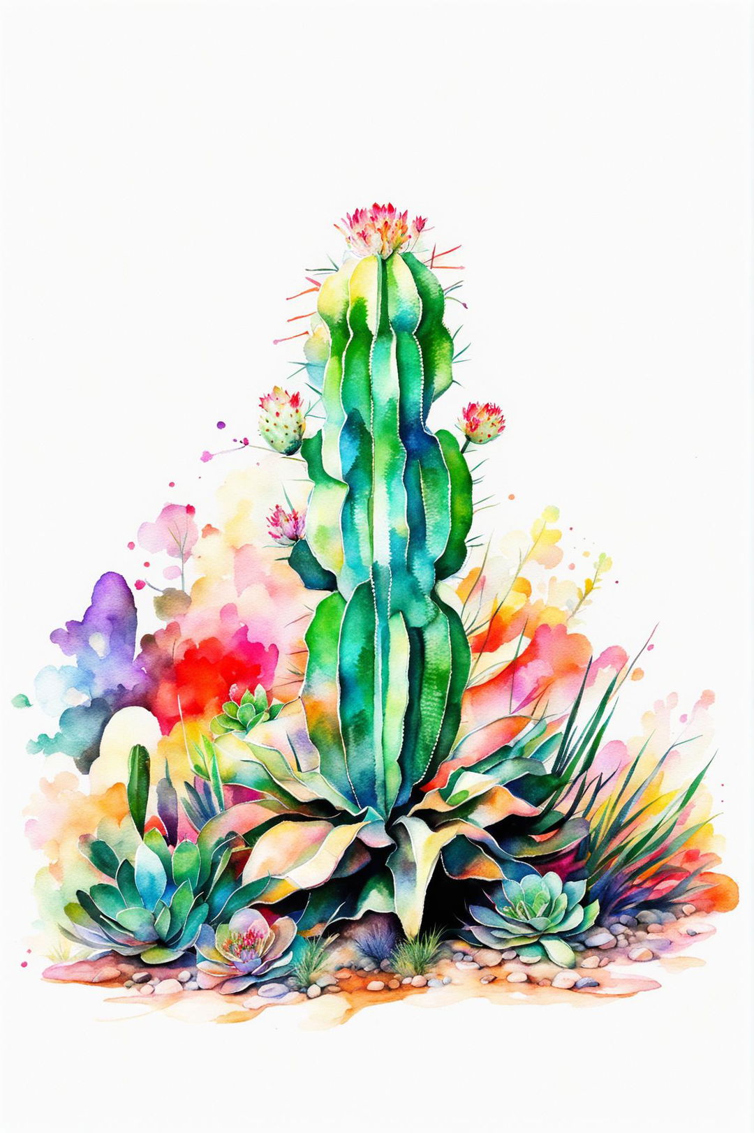 Create a beautiful watercolour painting of a cactus in a natural desert setting with vibrant green hues and a soft, blended background of sunset colours