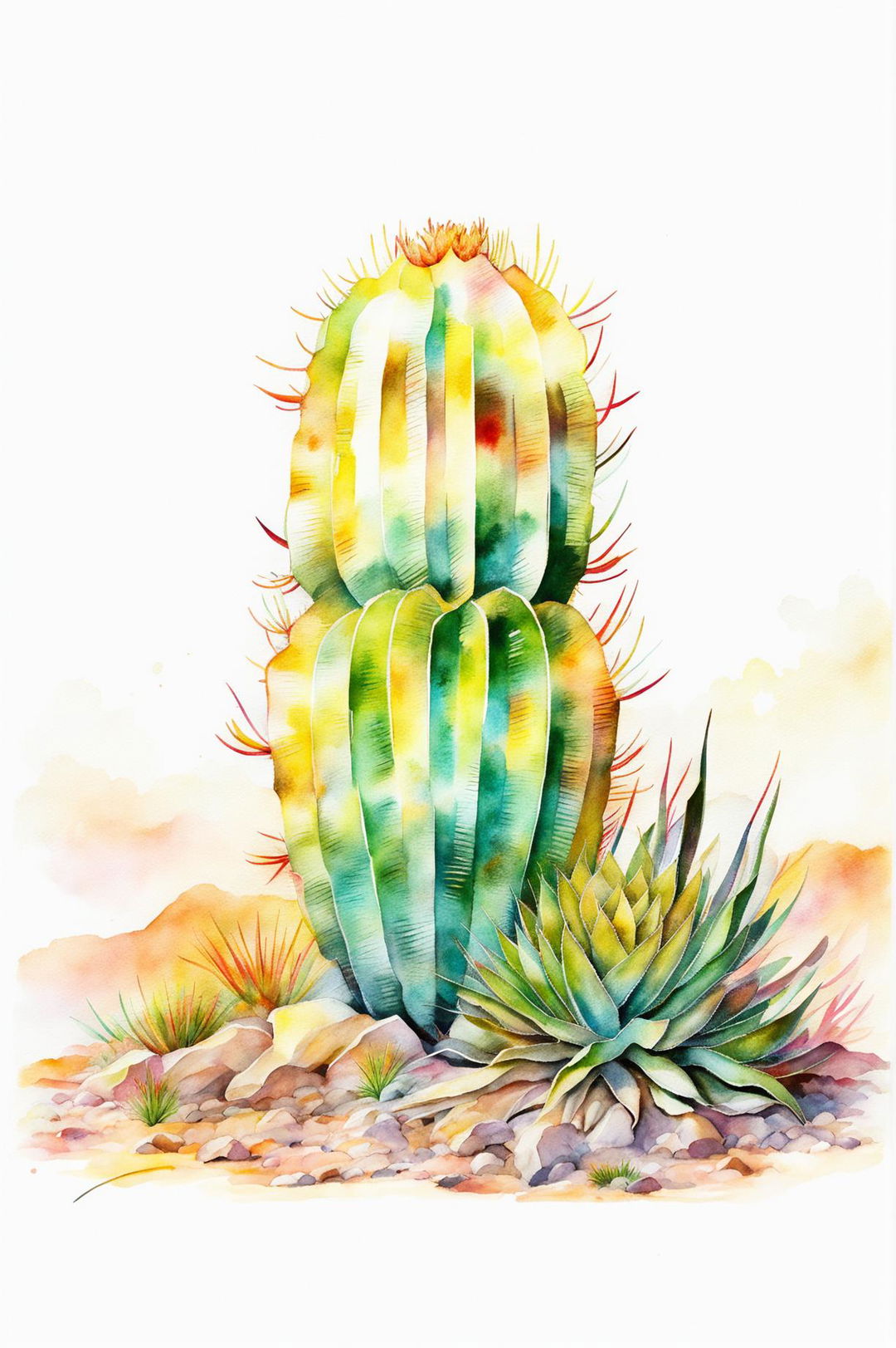 Create a beautiful watercolour painting of a golden barrel cactus with vibrant yellow spines and a soft, blended background of sunset colours