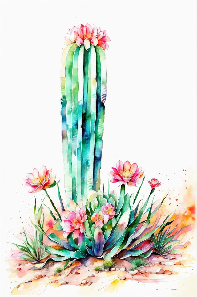 Create a beautiful watercolour painting of a Mammillaria cactus with white and light brown spines, vibrant pink flowers, and a soft, blended background of sunset colours