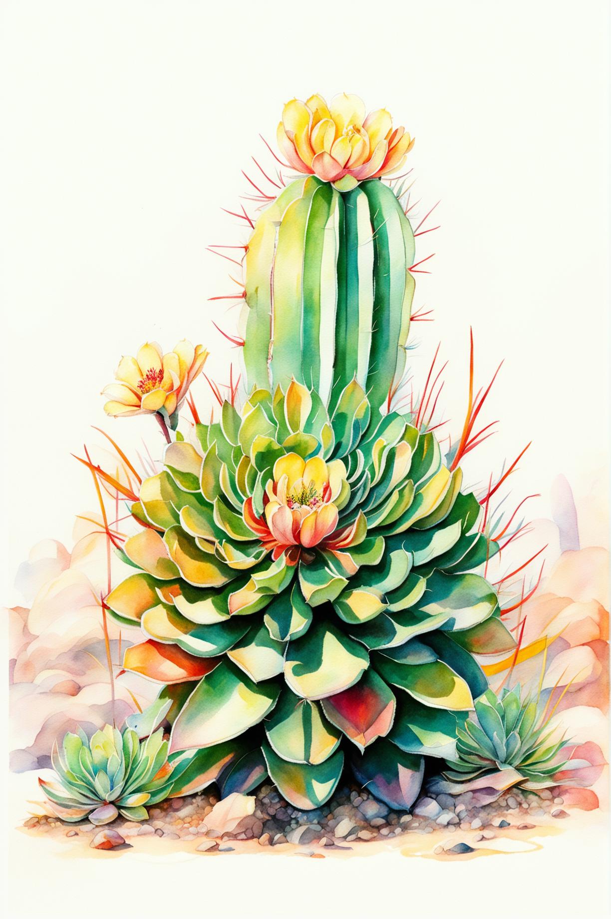 Create a beautiful watercolour painting of a Parodia cactus with white or light yellow spines, bright yellow flowers, and a soft, blended background of sunset colours