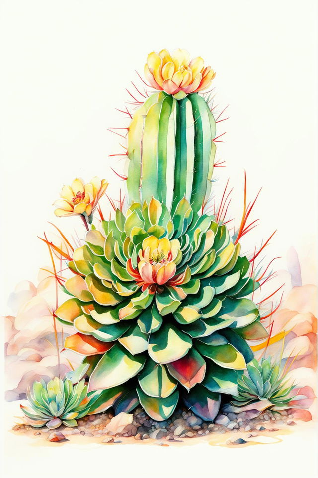 Create a beautiful watercolour painting of a Parodia cactus with white or light yellow spines, bright yellow flowers, and a soft, blended background of sunset colours