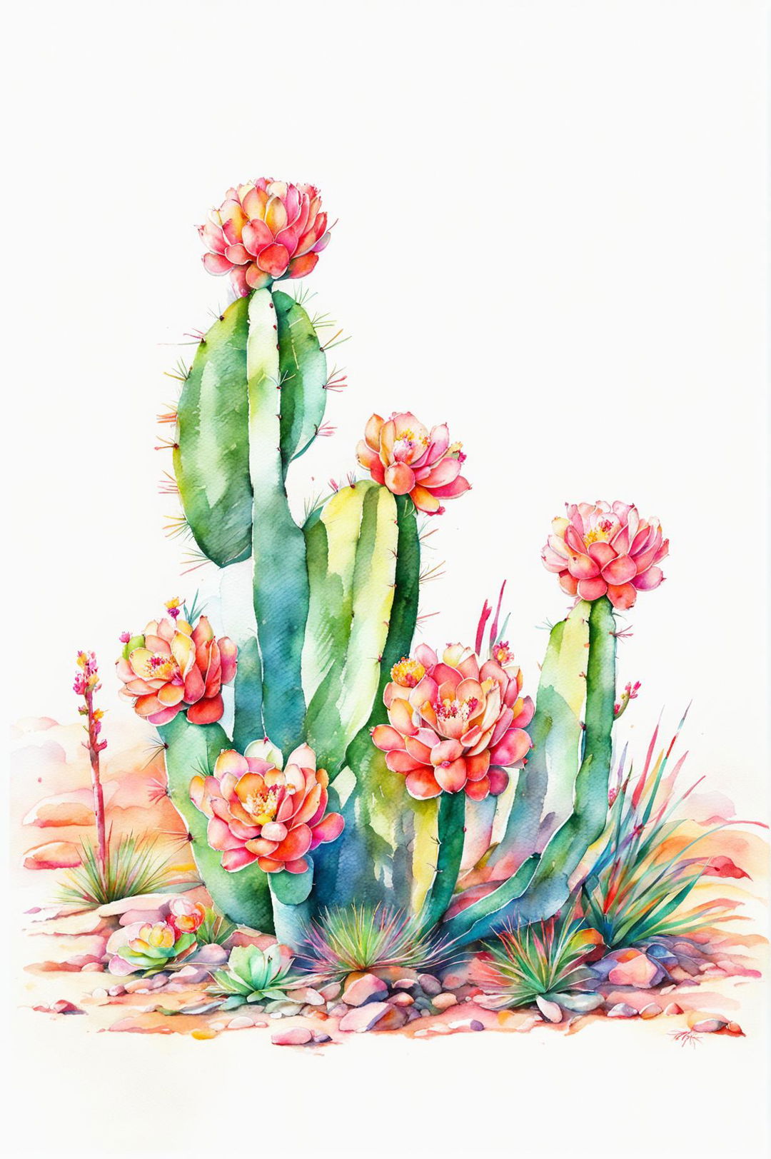 Create a beautiful watercolour painting of a Prickly Pear cactus with green paddle-shaped pads, colourful flowers, and a soft, blended background of sunset colours