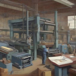 A detailed industrial scene featuring a large printing press in operation