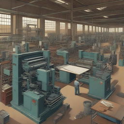 A detailed industrial scene featuring a large printing press in operation