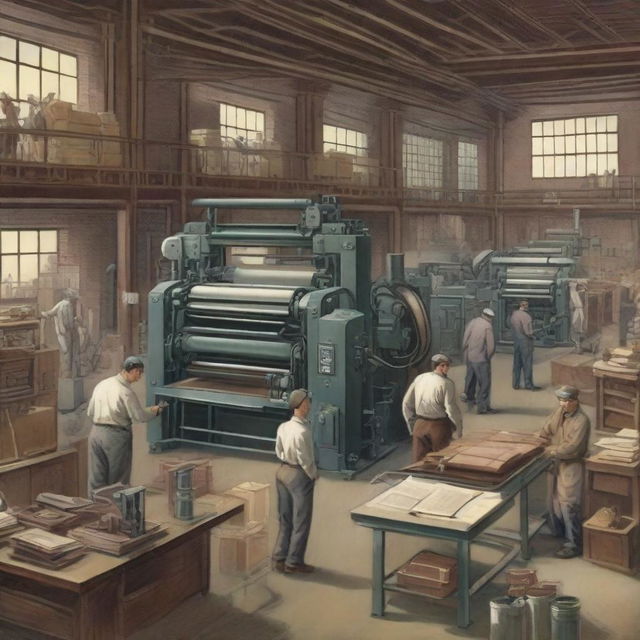 A detailed industrial scene featuring a large printing press in operation