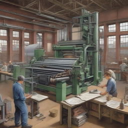 A detailed industrial scene featuring a large printing press in operation