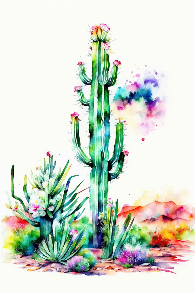 Create a beautiful watercolour painting of a Saguaro cactus with green ribbed surfaces, white flowers, and a soft, blended background of sunset colours