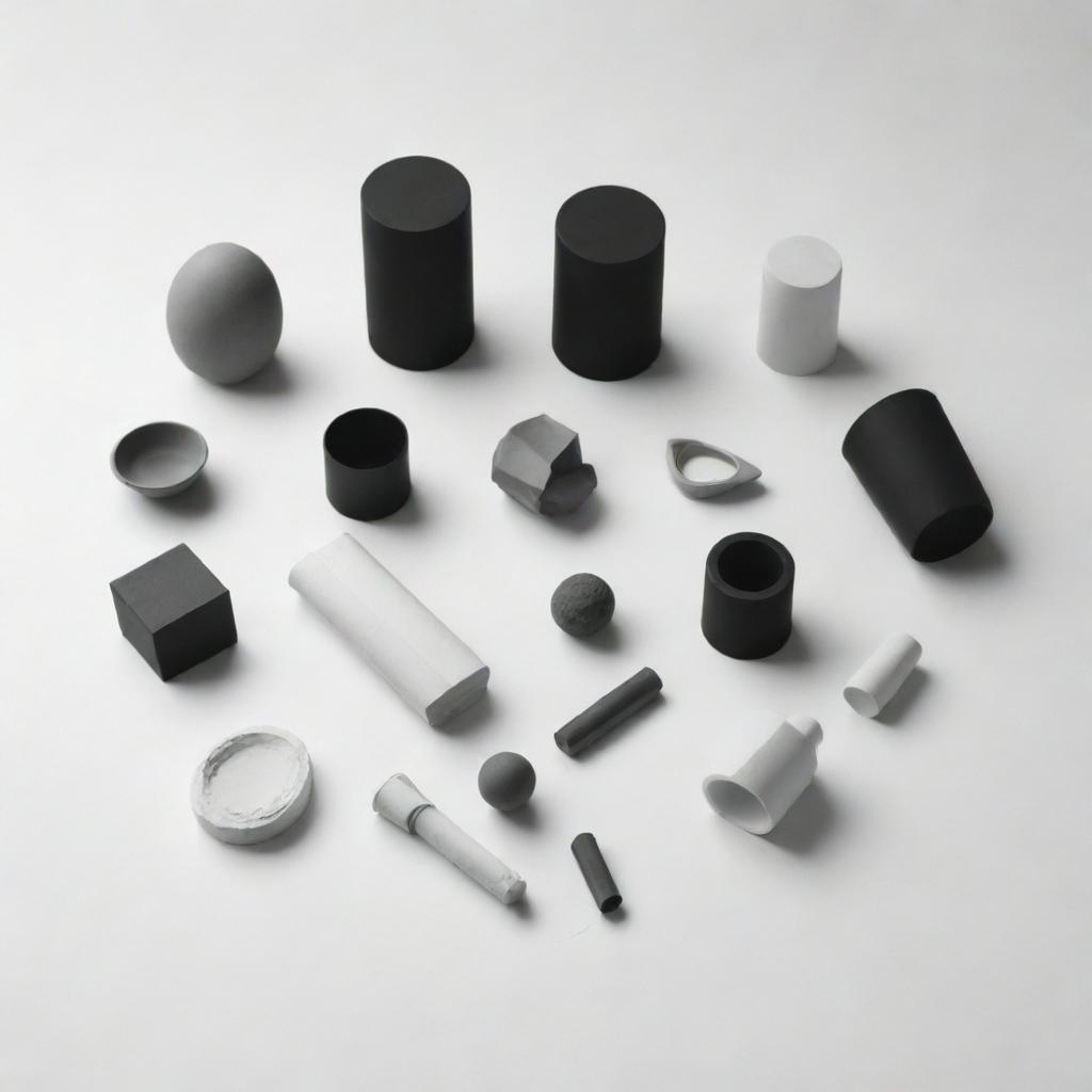 A 3D drawing in black and white featuring a variety of objects