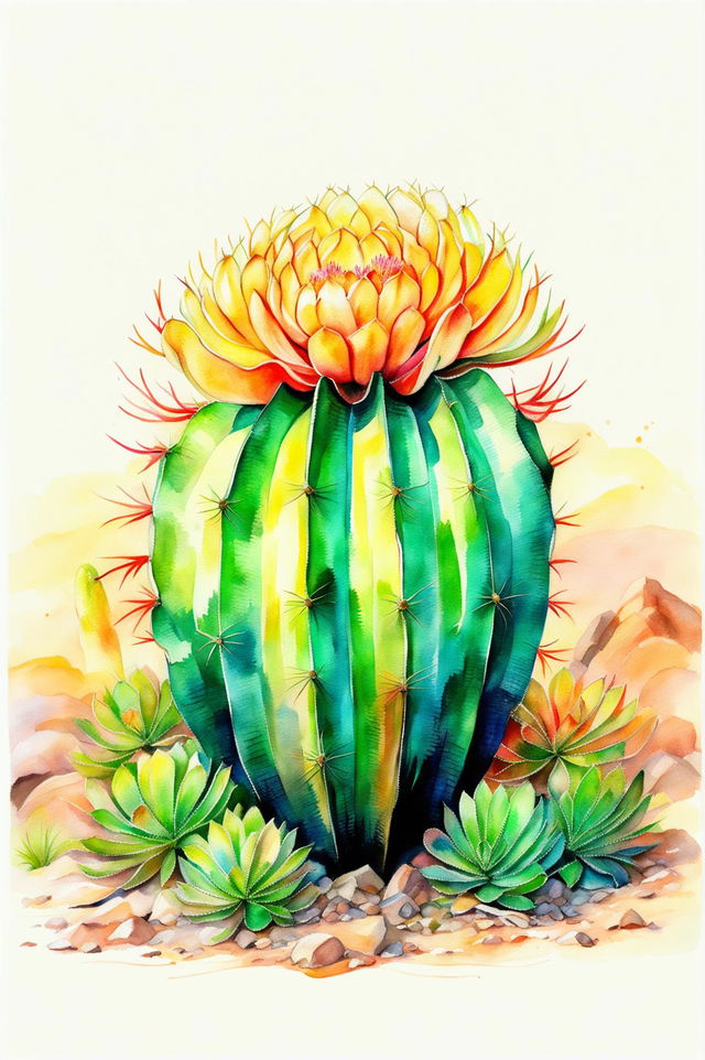 Create a beautiful watercolour painting of an Echinocactus with a green barrel shape, golden-yellow spines, and bright yellow flowers, set against a soft, blended sunset background