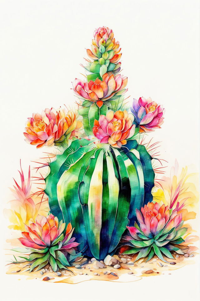 Create a beautiful watercolour painting of a Rebutia cactus with a green globular shape, colourful flowers, and a soft, blended background of sunrise or sunset colours