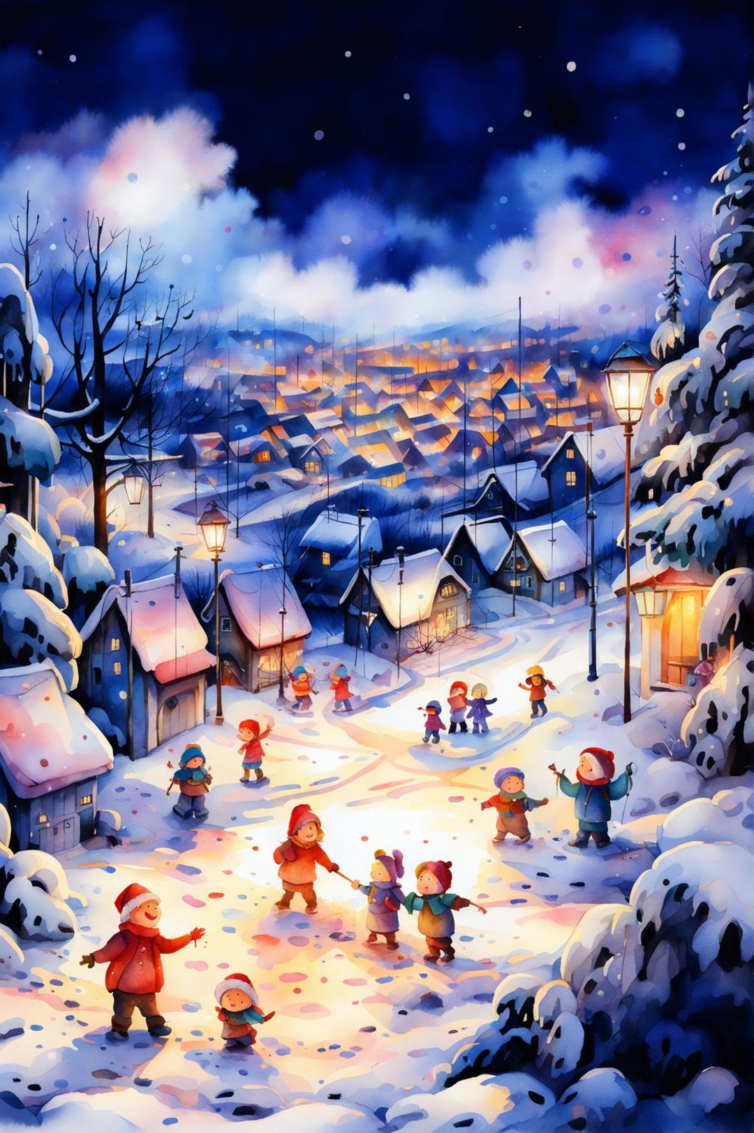 A beautiful watercolour painting of a Christmas scene featuring a cozy, snow-covered village at dusk, a large decorated Christmas tree, children playing in the snow, and a softly falling snowflake-filled sky