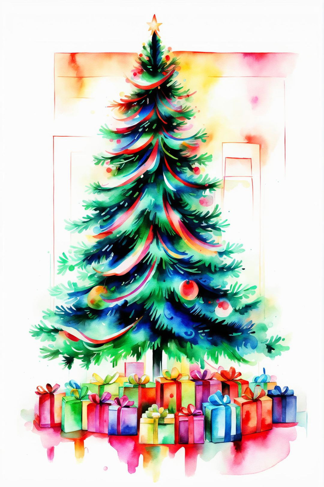 A beautiful watercolour painting of a Christmas tree adorned with lights and ornaments, surrounded by presents