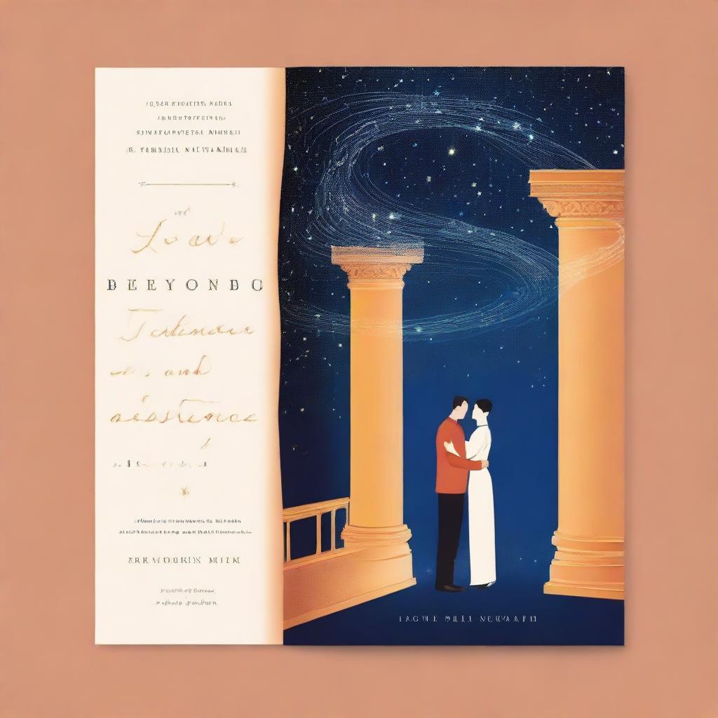 A book cover with a starry background, depicting two lovers separated by time but connected by a bright thread of light that unites them