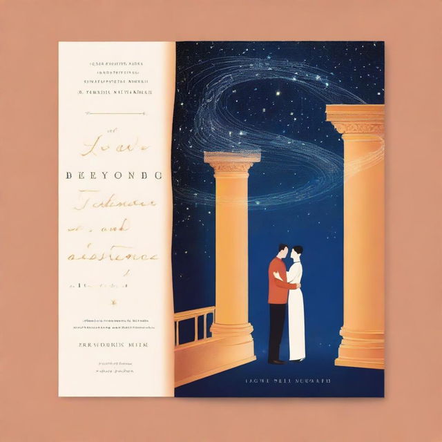 A book cover with a starry background, depicting two lovers separated by time but connected by a bright thread of light that unites them