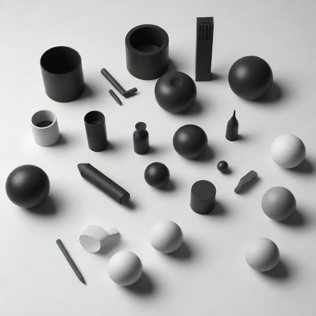 A 3D drawing in black and white featuring a variety of objects