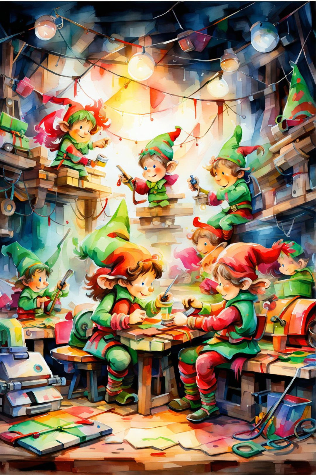 A beautiful watercolour painting of Christmas elves making gifts in a cheerful workshop filled with festive decorations