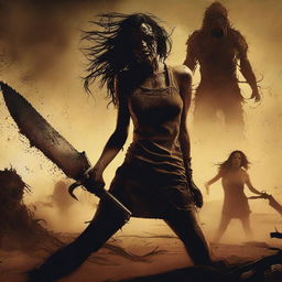 A horror realism movie poster featuring a provocative groupie wielding a chainsaw, fighting off an ancient eldritch sand demon