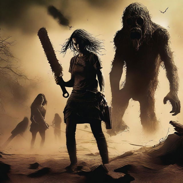 A horror realism movie poster featuring a provocative groupie wielding a chainsaw, fighting off an ancient eldritch sand demon