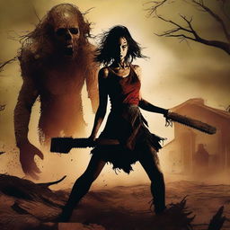 A horror realism movie poster featuring a provocative groupie wielding a chainsaw, fighting off an ancient eldritch sand demon