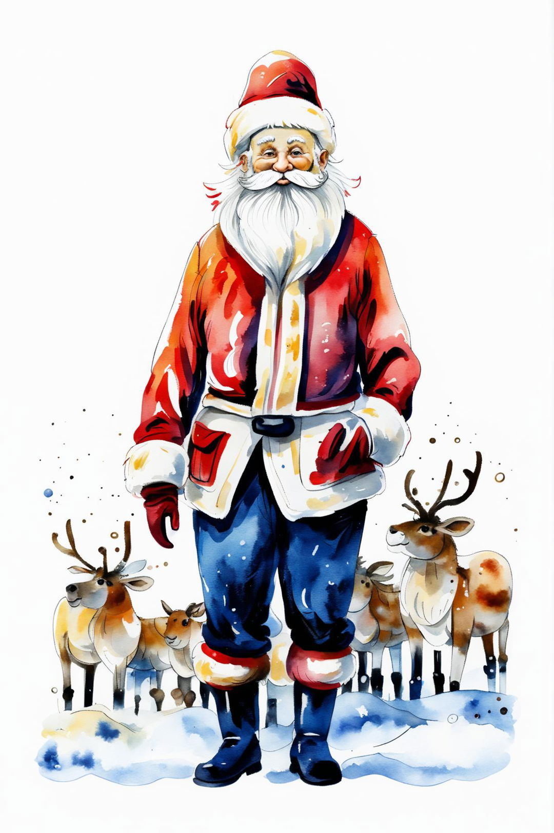 A beautiful watercolour painting of Santa Claus in his classic red suit, standing in a snowy landscape with a jolly expression