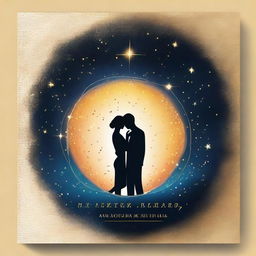 Create a book cover with a starry background, featuring two lovers separated by time but connected by a bright thread of light that unites them