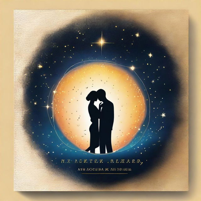 Create a book cover with a starry background, featuring two lovers separated by time but connected by a bright thread of light that unites them