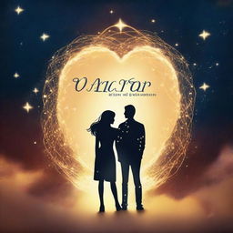 Create a book cover with a starry background, featuring two lovers separated by time but connected by a bright thread of light that unites them