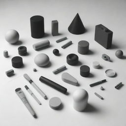 A 3D drawing in black and white featuring a variety of objects