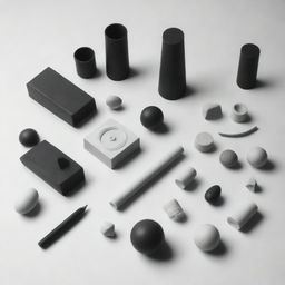 A 3D drawing in black and white featuring a variety of objects