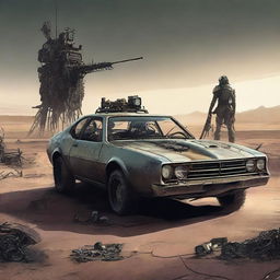 A post-apocalyptic scene inspired by Mad Max where the Z80 processor is depicted as the ultimate computer hero, triumphing over the evil 8088 processor with the help of an 8087 coprocessor