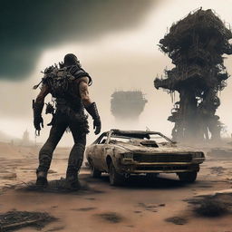 A post-apocalyptic scene inspired by Mad Max where the Z80 processor is depicted as the ultimate computer hero, triumphing over the evil 8088 processor with the help of an 8087 coprocessor