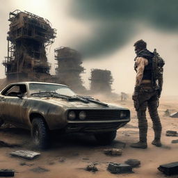 A post-apocalyptic scene inspired by Mad Max where the Z80 processor is depicted as the ultimate computer hero, triumphing over the evil 8088 processor with the help of an 8087 coprocessor