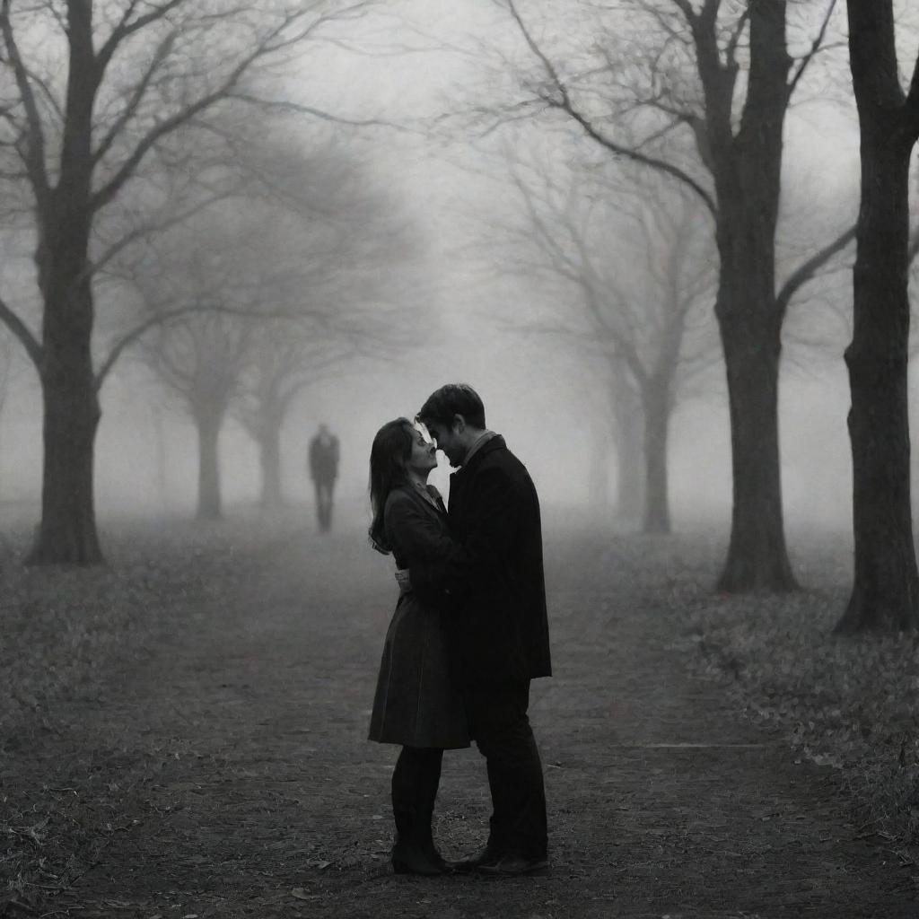 The previously described couple, the solitary girl and the mysterious man, sharing a joyous moment in the eerie park, the gloom contrasting with their radiant happiness.