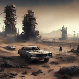 A post-apocalyptic scene inspired by Mad Max where the Z80 processor is depicted as the ultimate computer hero, prominently featured and triumphing over the evil 8088 processor with the help of an 8087 coprocessor