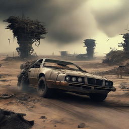 A post-apocalyptic scene inspired by Mad Max where the Z80 processor is depicted as the ultimate computer hero, prominently featured and triumphing over the evil 8088 processor with the help of an 8087 coprocessor