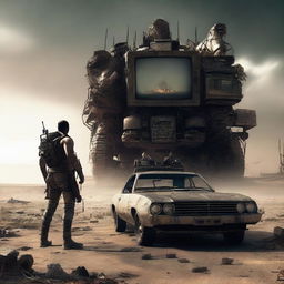 A post-apocalyptic scene inspired by Mad Max where the Z80 processor is depicted as the ultimate computer hero, prominently featured and triumphing over the evil 8088 processor with the help of an 8087 coprocessor