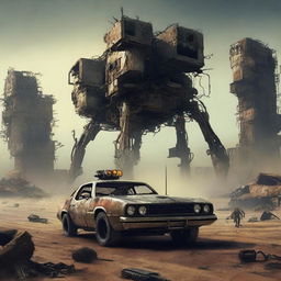 A post-apocalyptic scene inspired by Mad Max where the Z80 processor is depicted as the ultimate computer hero, prominently featured and triumphing over the evil 8088 processor with the help of an 8087 coprocessor