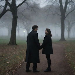 The previously described couple, the solitary girl and the mysterious man, sharing a joyous moment in the eerie park, the gloom contrasting with their radiant happiness.