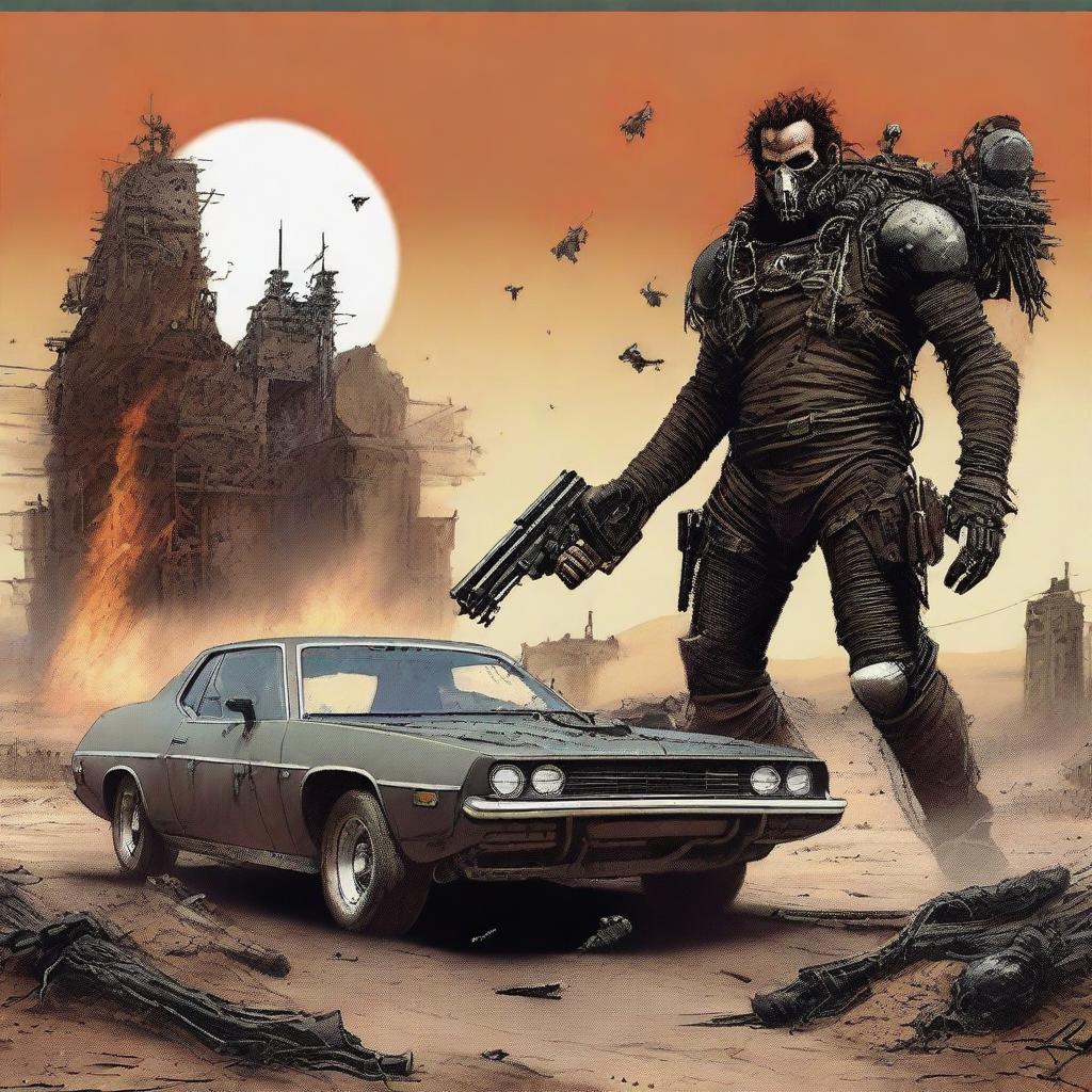 A post-apocalyptic scene inspired by Mad Max where the Z80 processor is depicted as the ultimate computer hero, prominently featured and triumphing over the evil 8088 processor with the help of an 8087 coprocessor