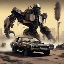 A post-apocalyptic scene inspired by Mad Max where the Z80 processor is depicted as the ultimate computer hero, prominently featured and triumphing over the evil 8088 processor with the help of an 8087 coprocessor