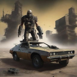 A post-apocalyptic scene inspired by Mad Max where the Z80 processor is depicted as the ultimate computer hero, prominently featured and triumphing over the evil 8088 processor with the help of an 8087 coprocessor