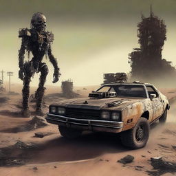 A post-apocalyptic scene inspired by Mad Max where the Z80 processor is depicted as the ultimate computer hero, prominently featured and triumphing over the evil 8088 processor with the help of an 8087 coprocessor