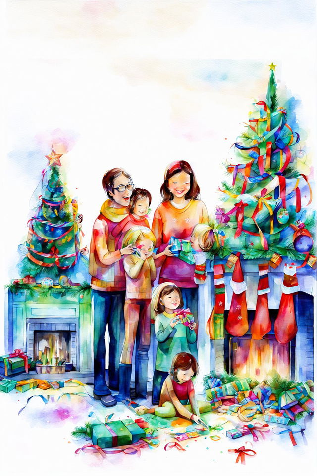 A beautiful watercolour painting of a family opening Christmas presents in a cozy, festively decorated living room, capturing the warmth, joy, and togetherness of the holiday season