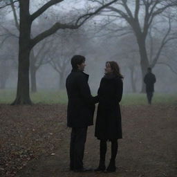 The previously described couple, the solitary girl and the mysterious man, sharing a joyous moment in the eerie park, the gloom contrasting with their radiant happiness.