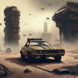 A post-apocalyptic scene inspired by Mad Max where Mad Max is being chased by a vehicle designed to look like a Z80 processor