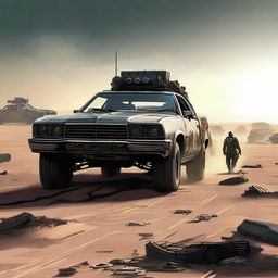 A post-apocalyptic scene inspired by Mad Max where Mad Max is being chased by a vehicle designed to look like a Z80 processor